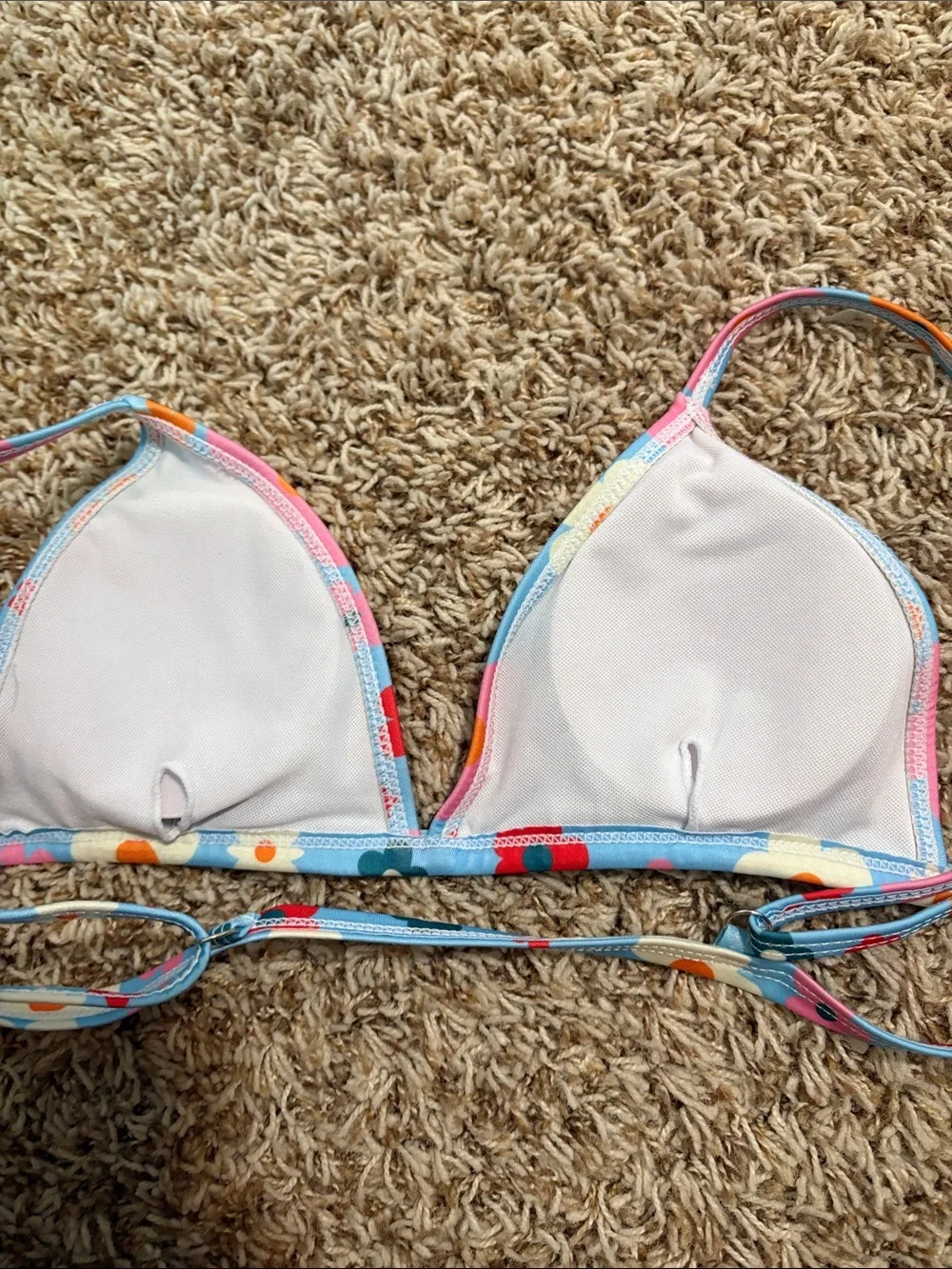 SHEIN Blue Floral Triangle Bikini Top with Pink & Red Accents